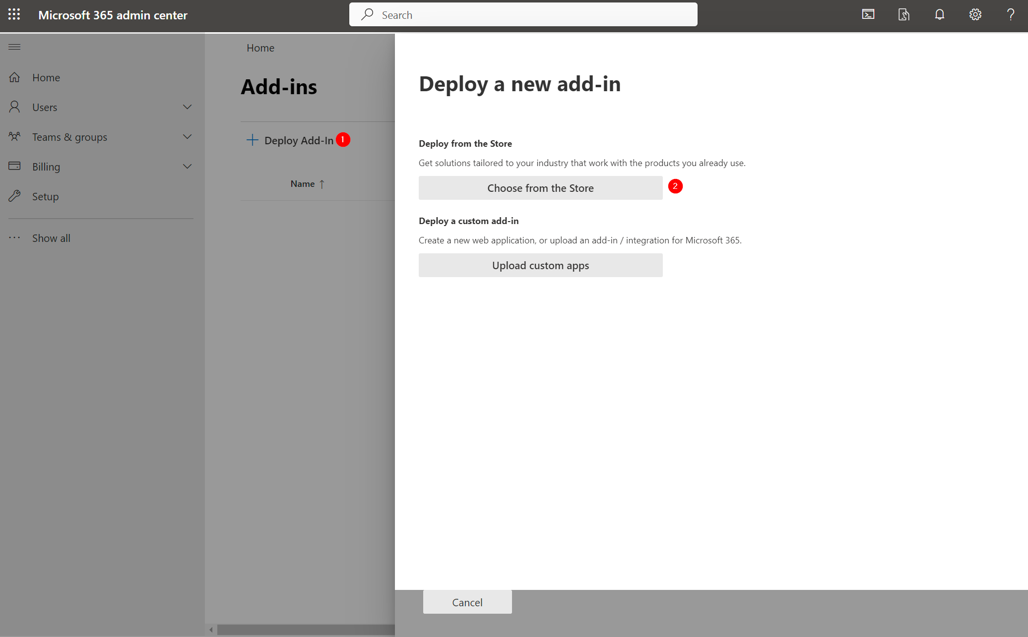 Microsoft 365 admin center - add add-in