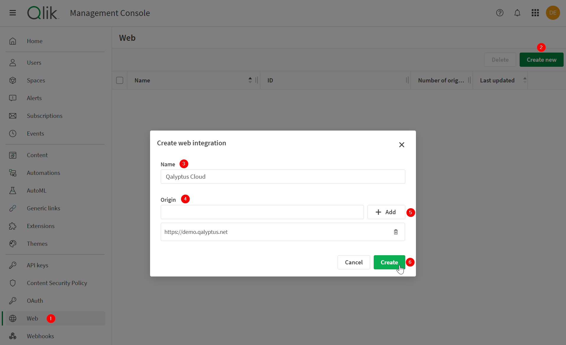 Qalyptus Cloud - Create Web Integration Id