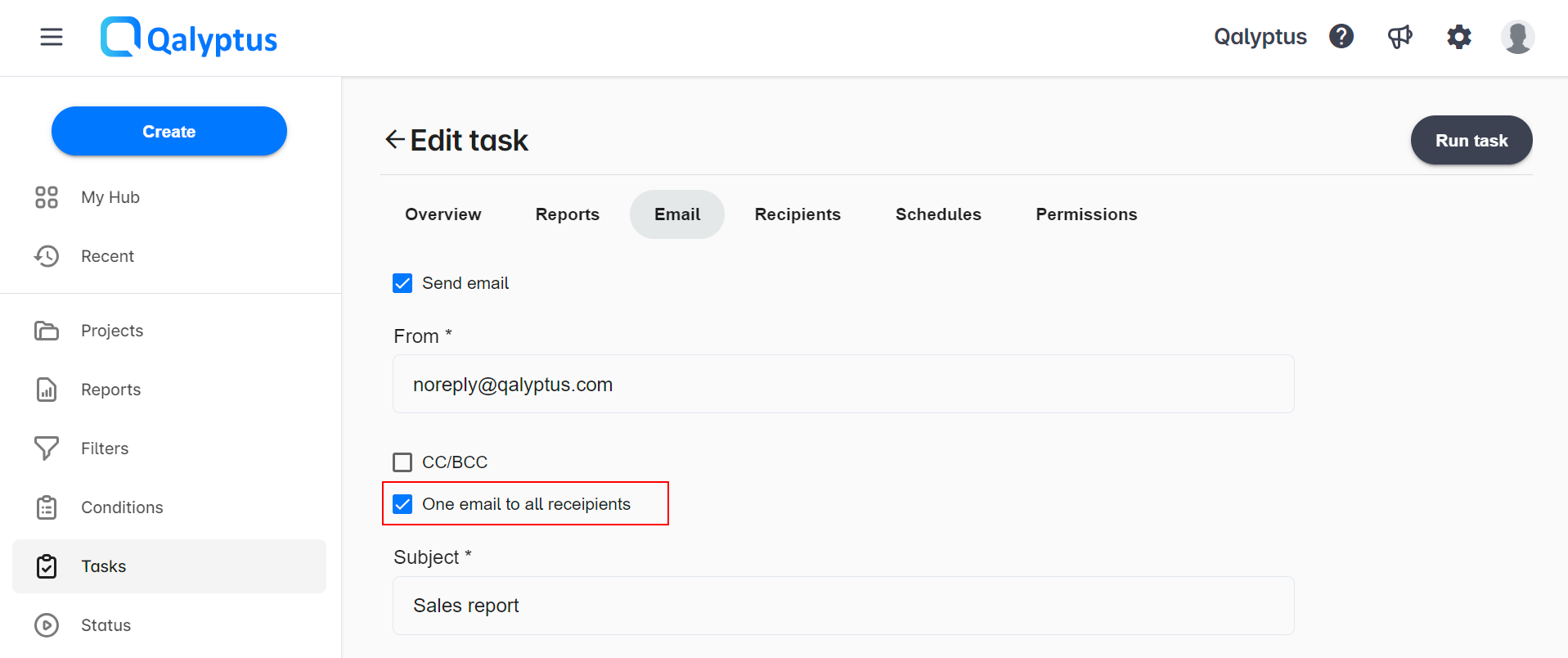 Qalyptus Cloud - Choose to send one email to many recipients