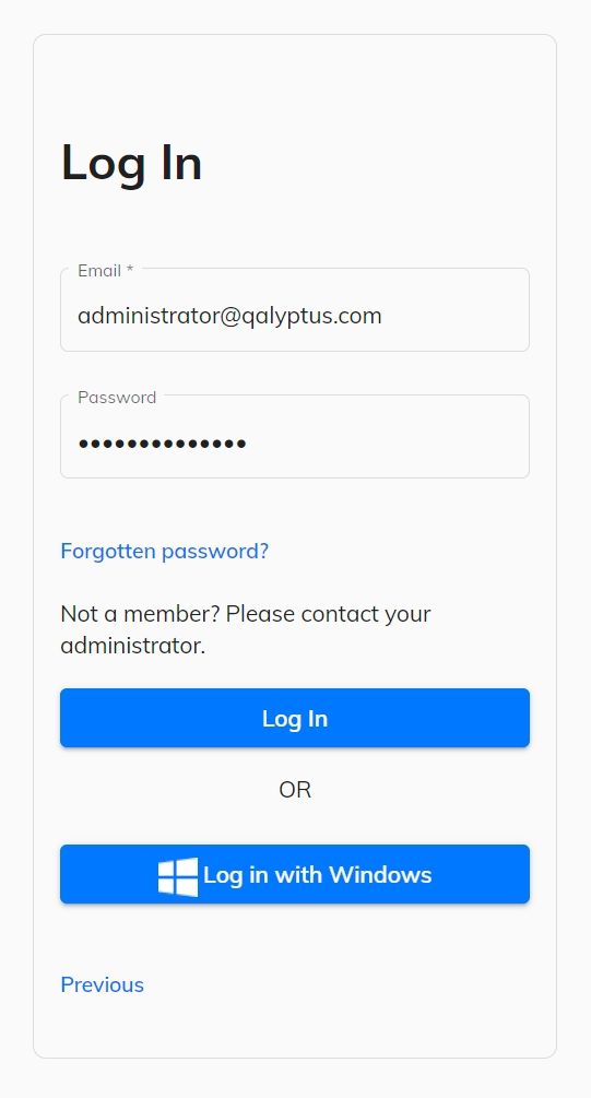 Formulaire de connexion à Qalyptus Server