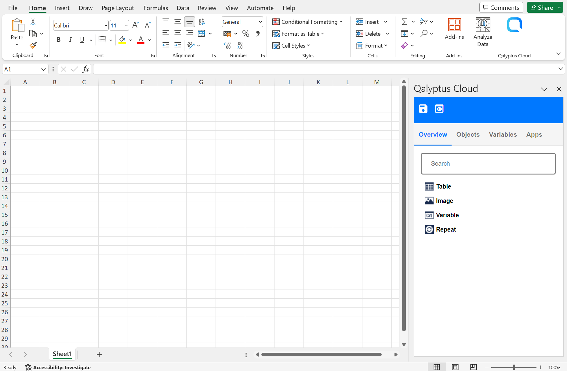 Complément cloud Qalyptus Excel