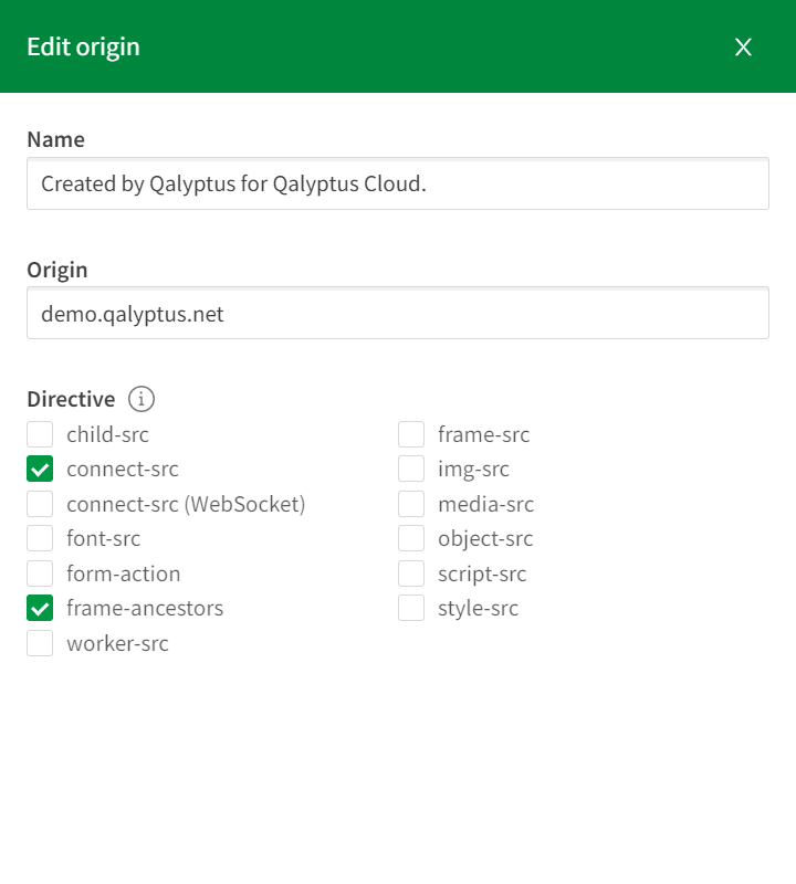 Règle CSP pour la requête externe Qalyptus Cloud