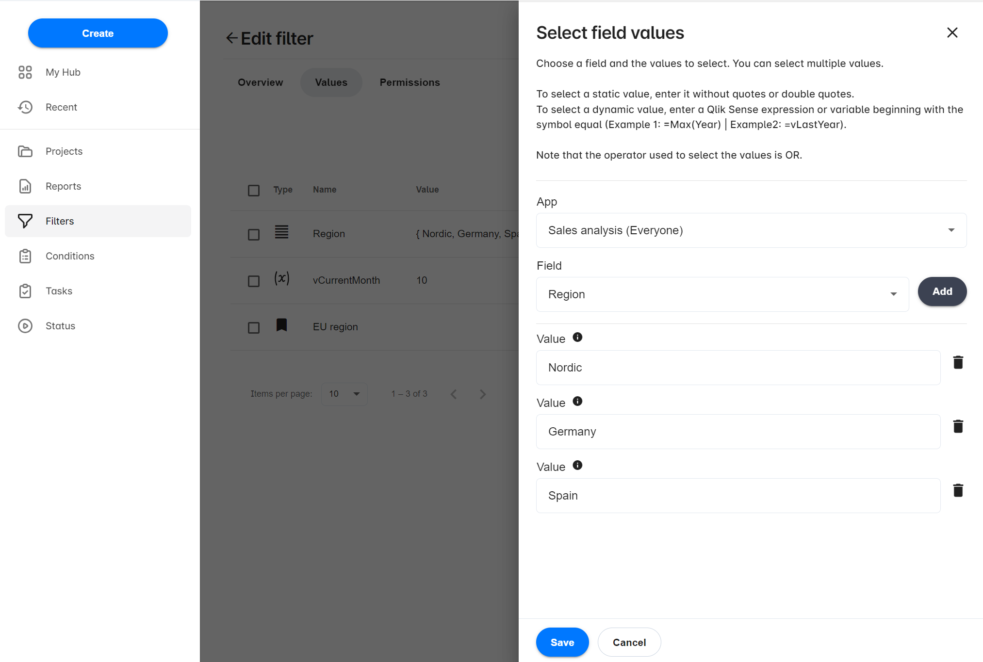 Valeurs des champs de filtre Qalyptus