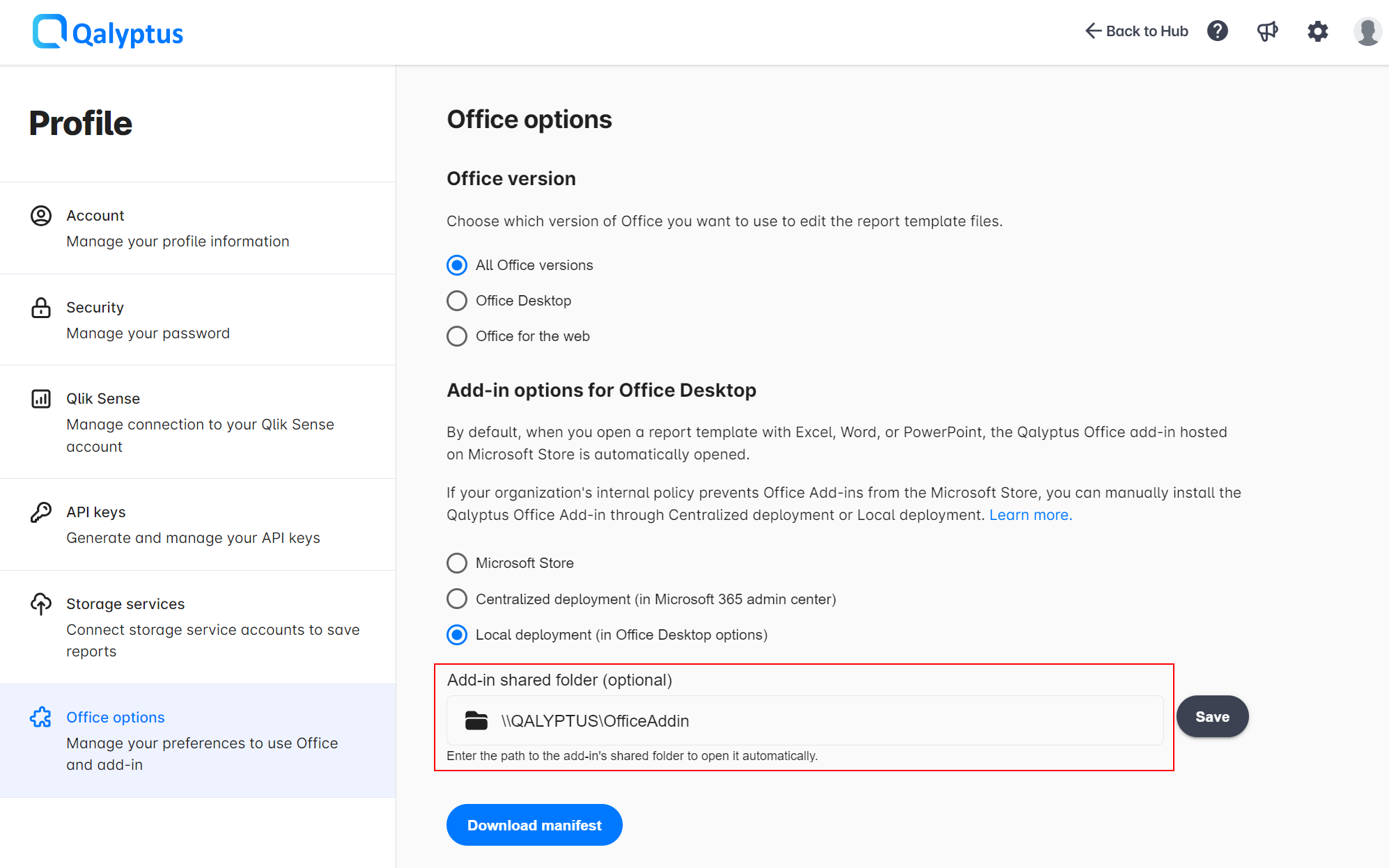 Qalyptus Install Office add-in - coller le dossier de partage
