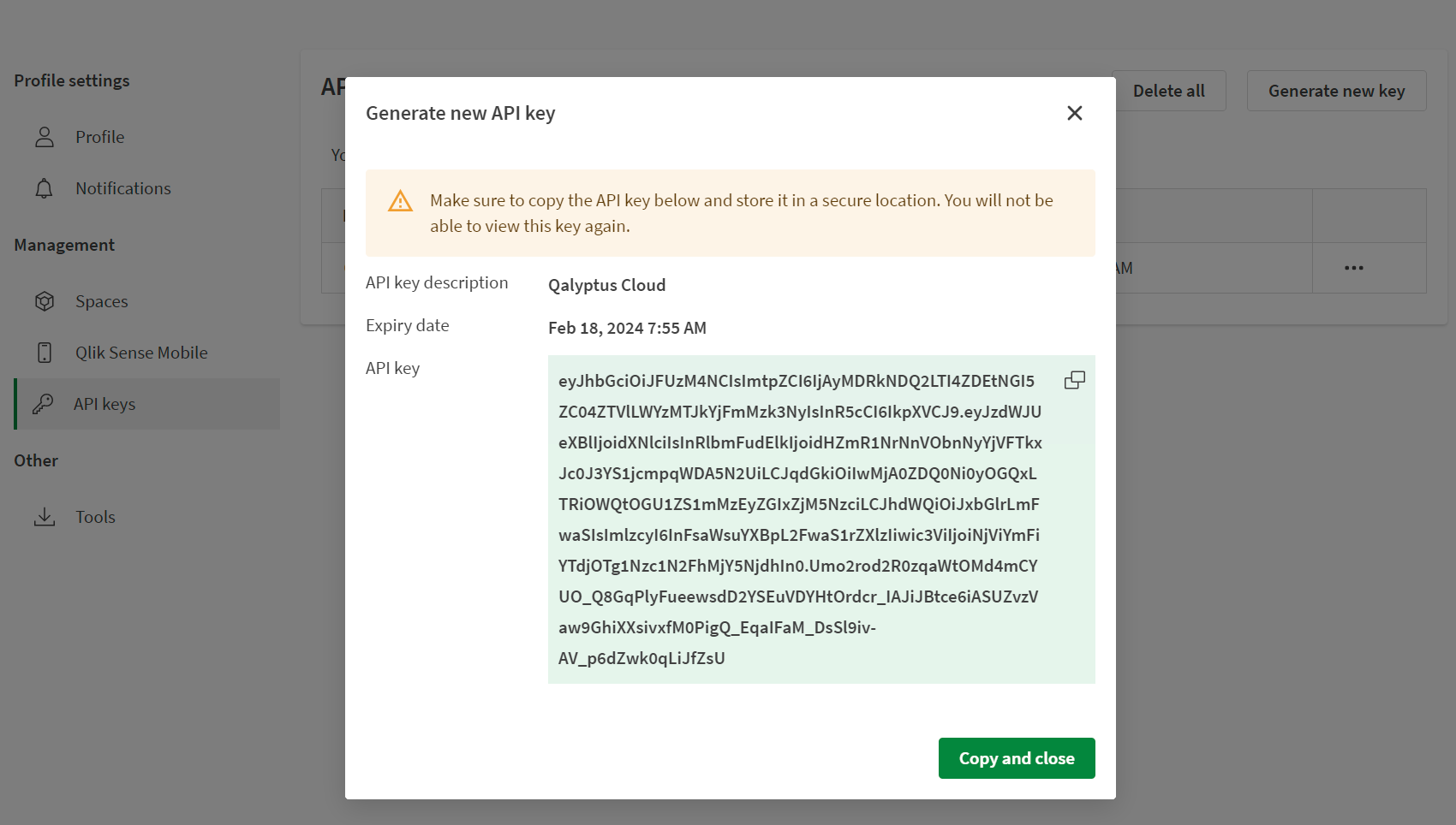 Qalyptus Cloud - Clé API Qlik Sense générée
