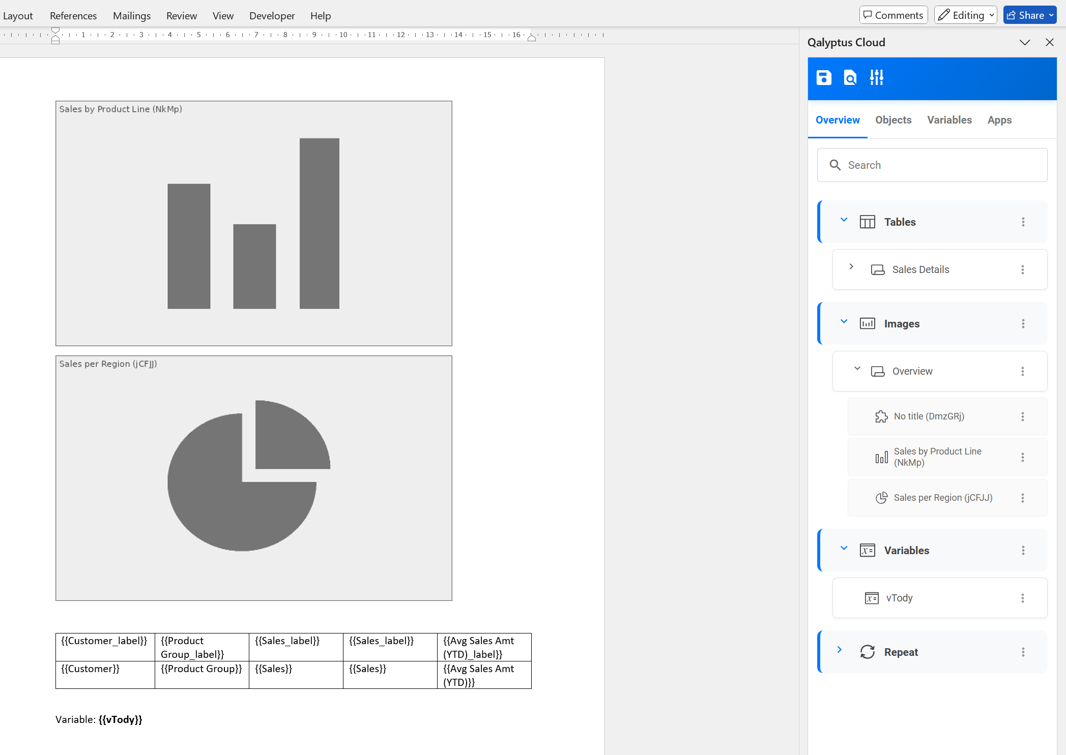 Insérer des objets et des variables dans Word