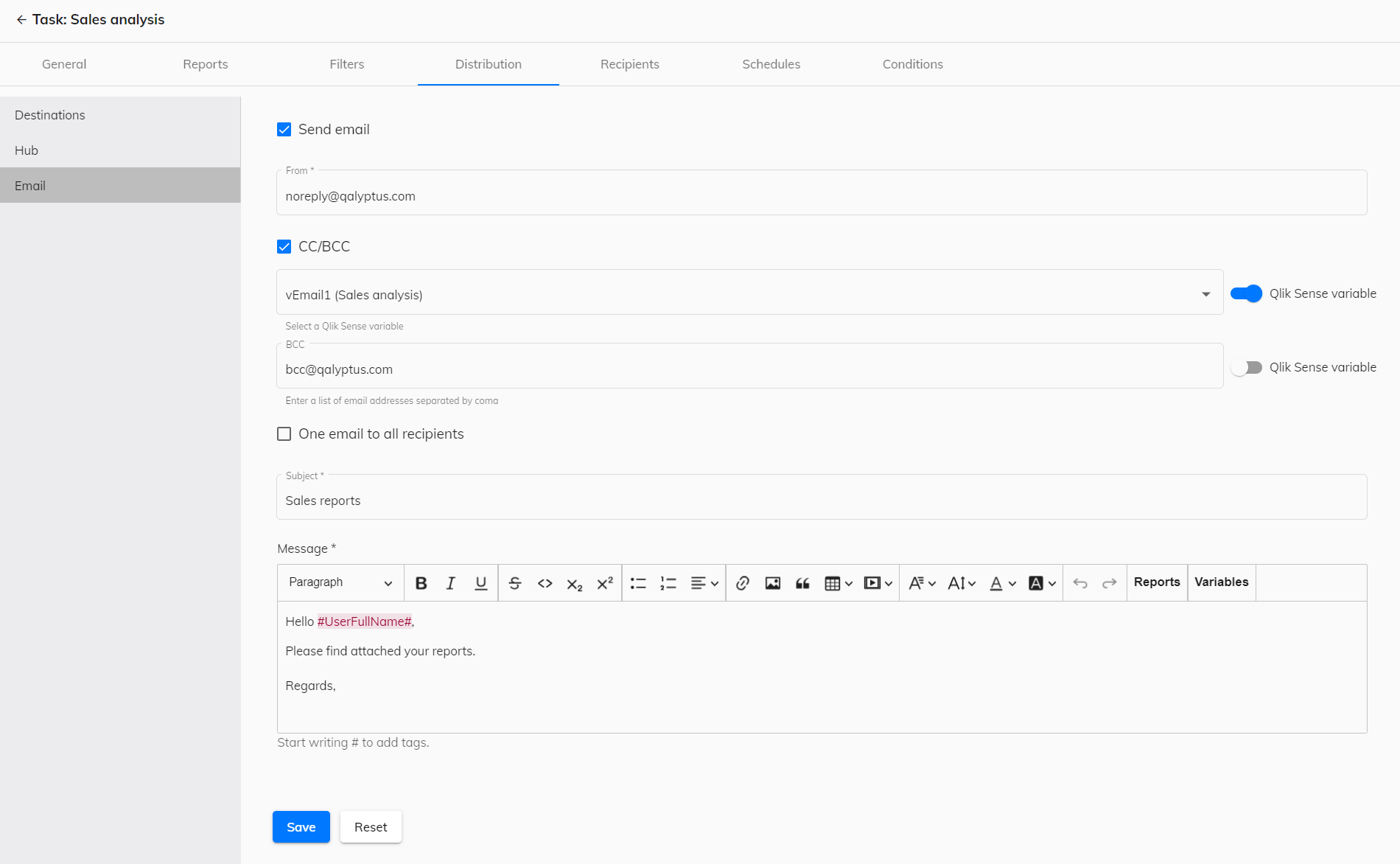 Ajouter des adresses e-mail en Cc et Bcc à l'aide de variables Qlik Sense